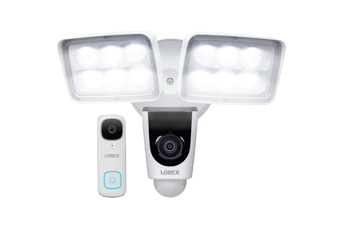 Lorex 1080p Wi-Fi Floodlight Camera and 2K Wired Video Doorbell with Active Deterrence