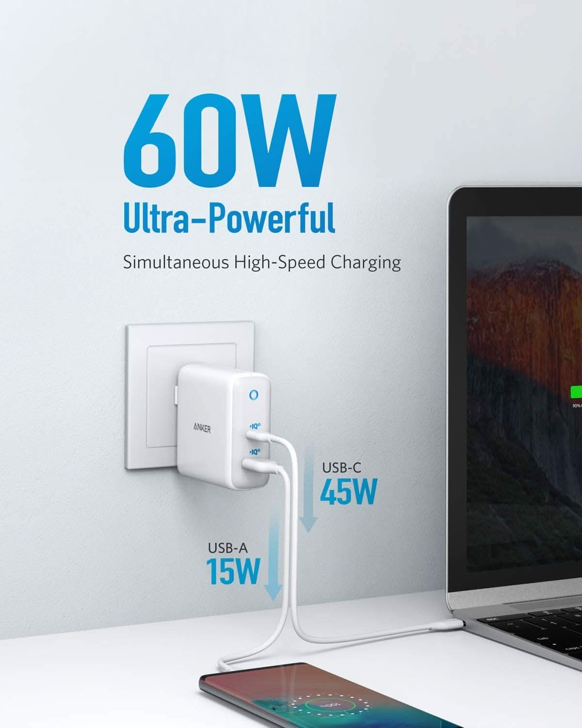 Anker 60W GaN Charger, PowerPort Atom III, iPhone 13/12 Compatible, White/Black