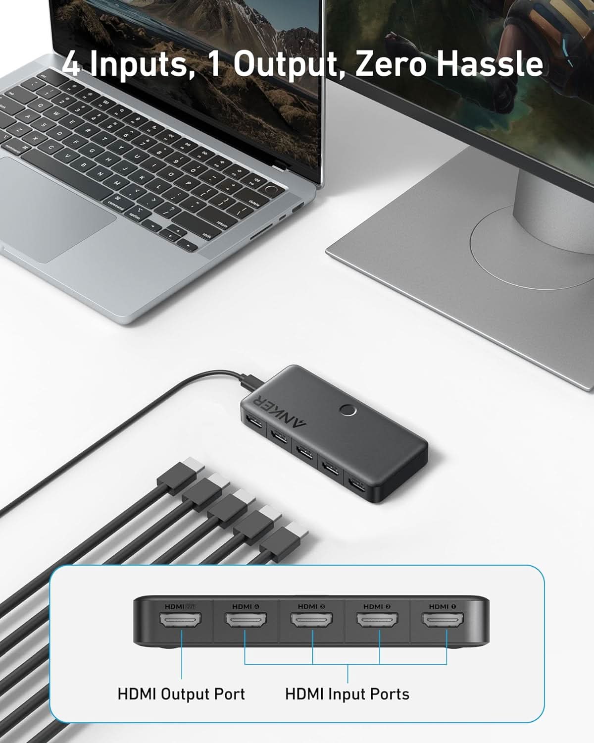 Anker 4K@60Hz HDMI Switcher, 4 in 1 Out with Smooth Finish