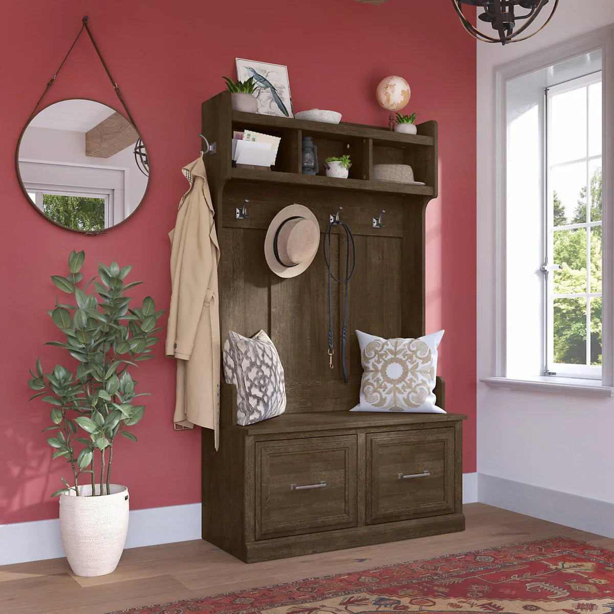 Bush Woodland Hall Tree and Shoe Storage Bench with Doors