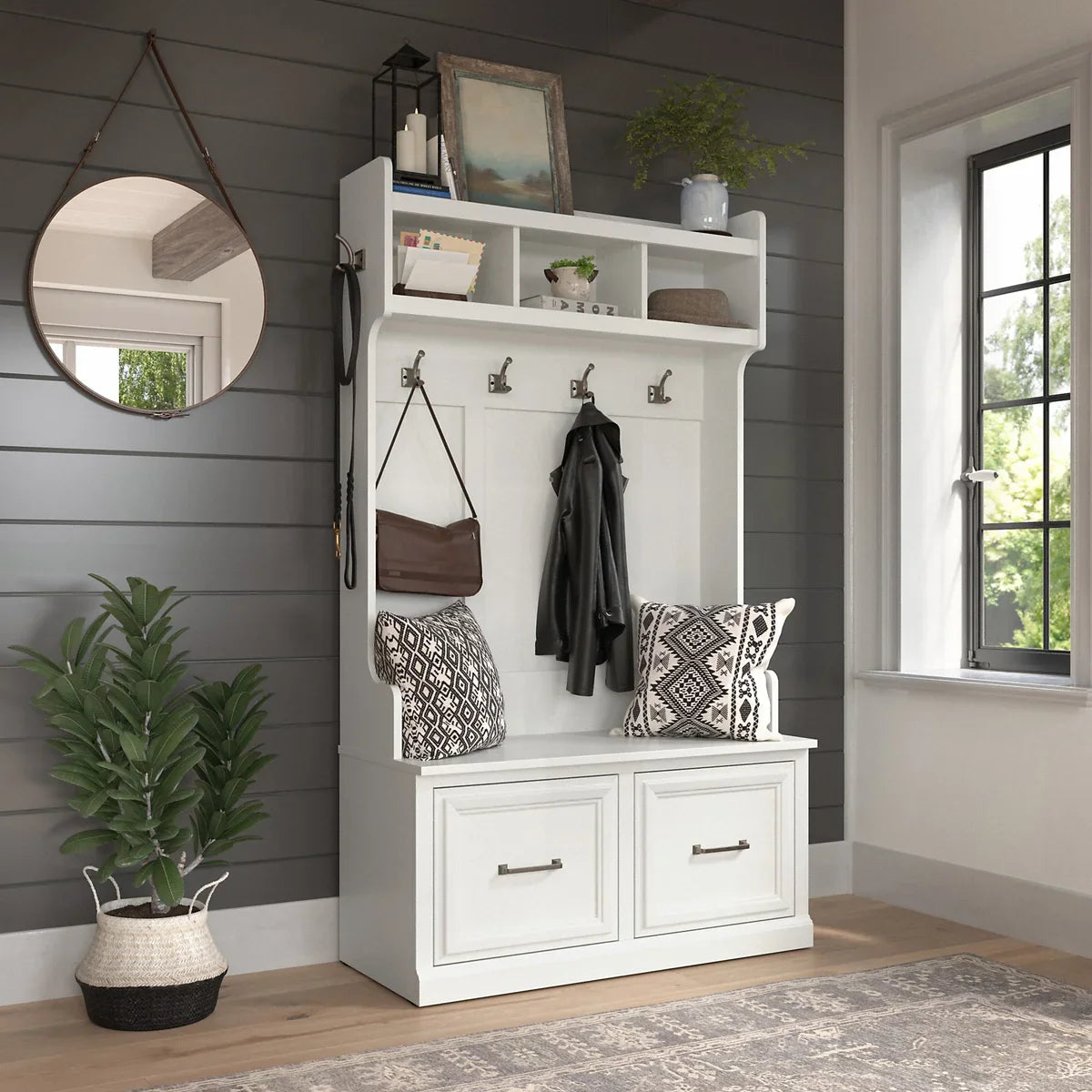 Bush Woodland Hall Tree and Shoe Storage Bench with Doors