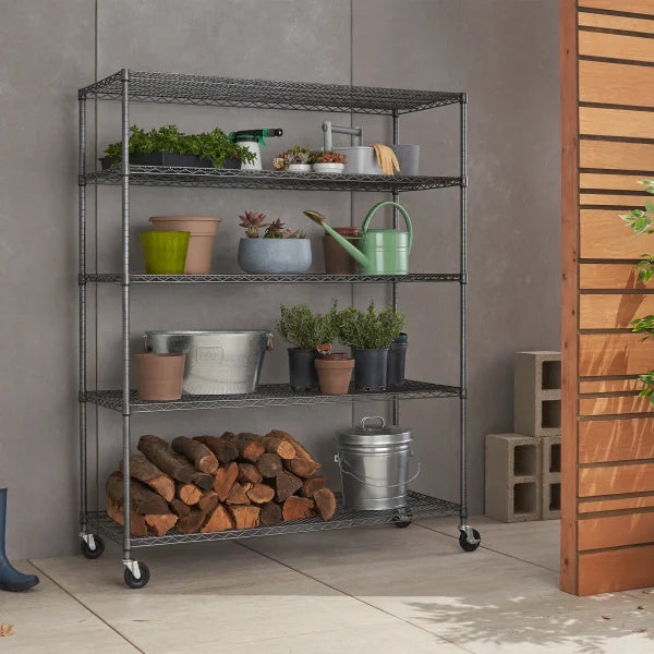 TRINITY Outdoor 5-Tier Black Anthracite Wire Shelving Rack With Wheels, 60" x 24" x 72"