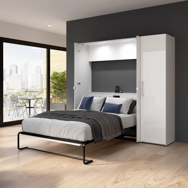 Bestar Avalon 2-piece Double Wall Bed with One Storage Closet, High Gloss White