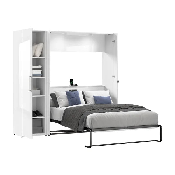 Bestar Avalon 2-piece Double Wall Bed with One Storage Closet, High Gloss White