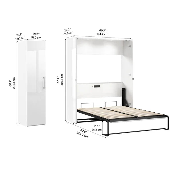 Bestar Avalon 2-piece Double Wall Bed with One Storage Closet, High Gloss White