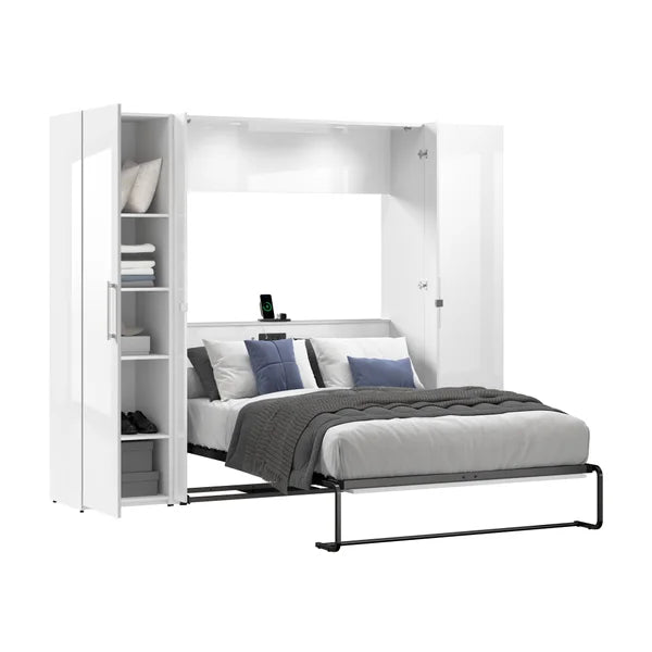 Bestar Avalon Double Wall Bed with 2 Storage Cabinets, White High Gloss finish