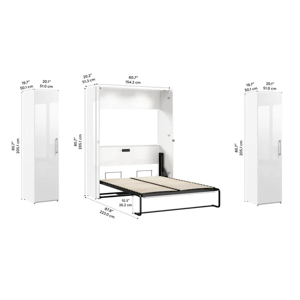 Bestar Avalon Double Wall Bed with 2 Storage Cabinets, White High Gloss finish