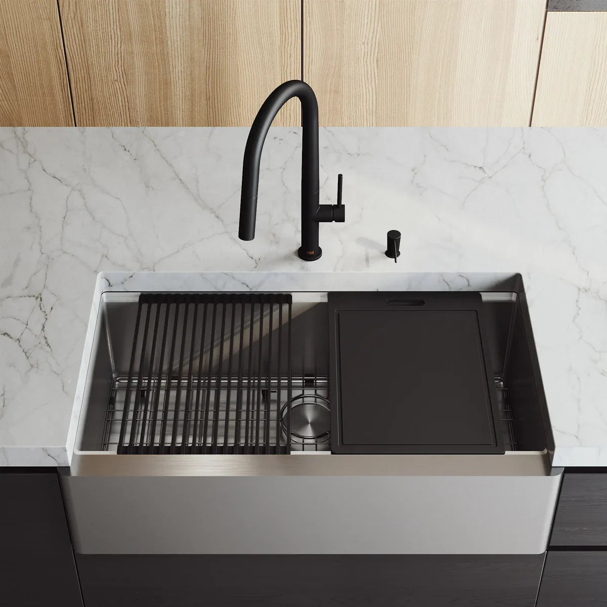 VIGO Oxford Stainless Steel Flat Front Farmhouse Kitchen Sink Workstation