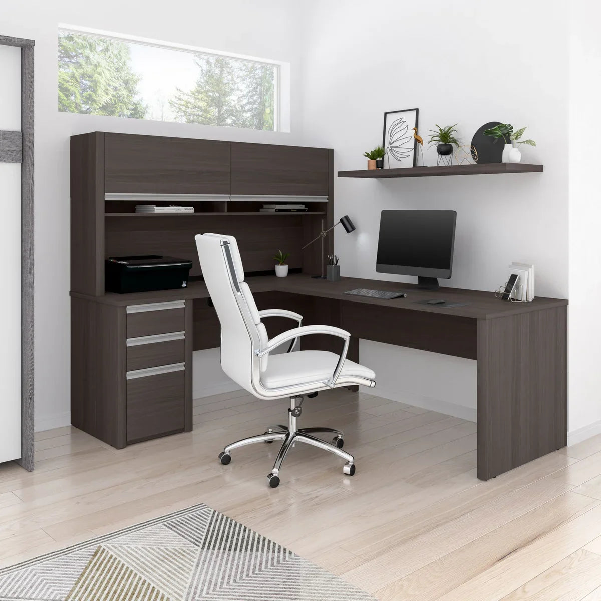 Bestar Stoneham L-Shaped Desk with Pedestal and Hutch