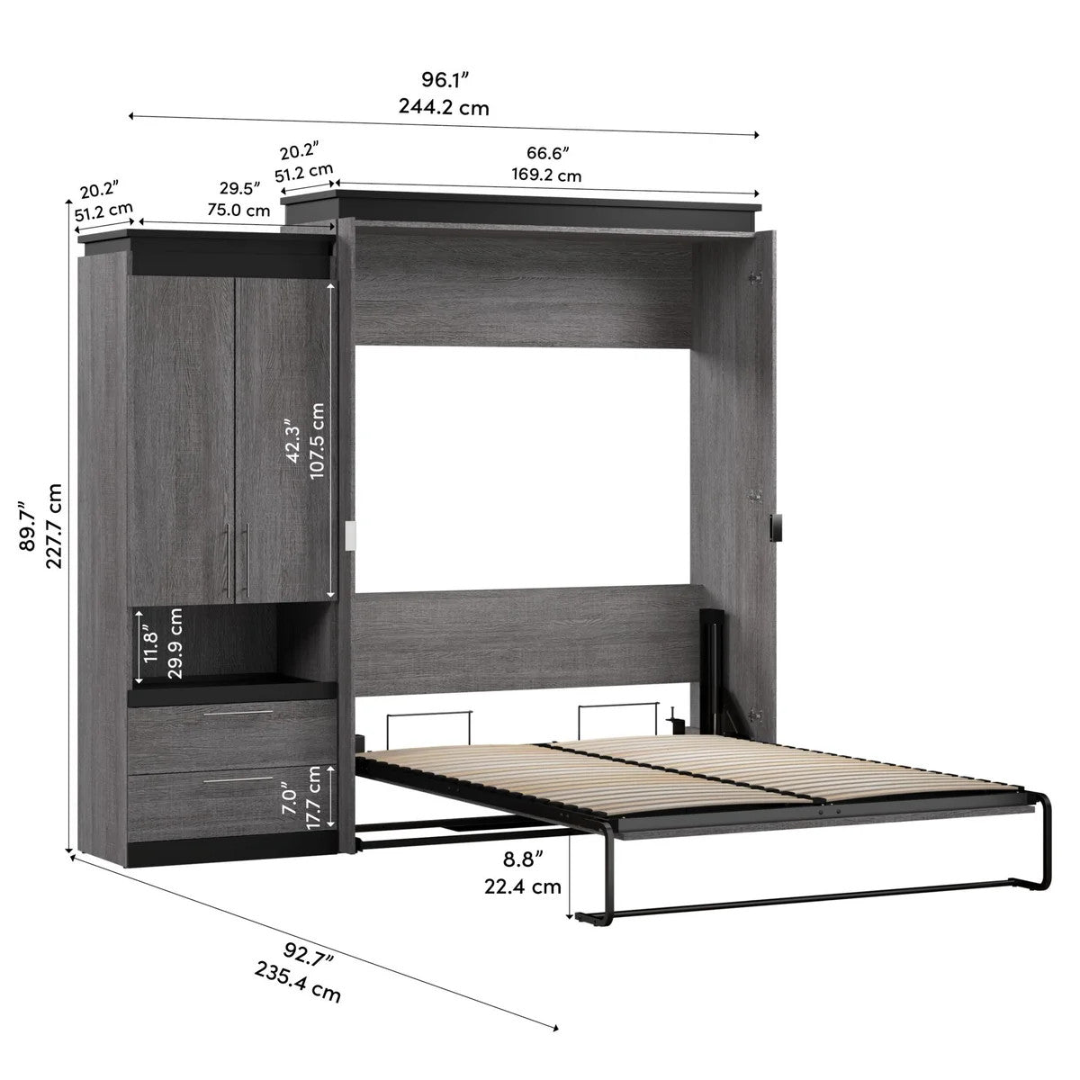 Bestar Orion 2-piece Queen Wall Bed with Storage Cabinet and Fold Shelf