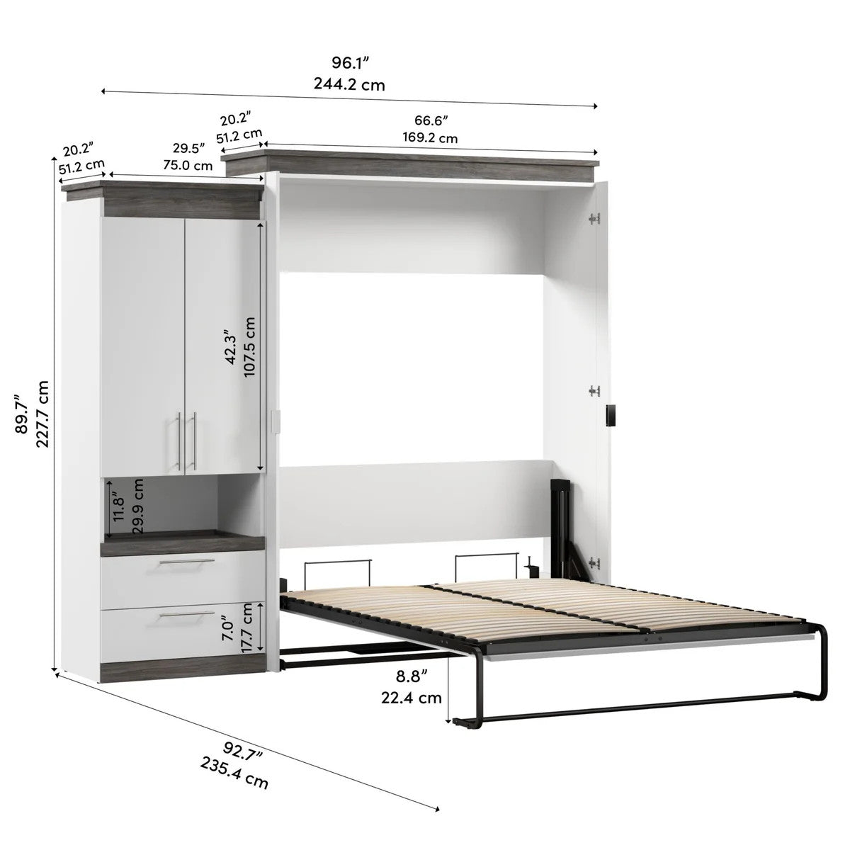 Bestar Orion 2-piece Queen Wall Bed with Storage Cabinet and Fold Shelf