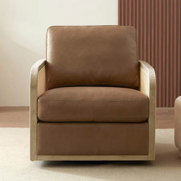 Aiden & Ivy Top-grain Leather Swivel Chair with Artificial Rattan