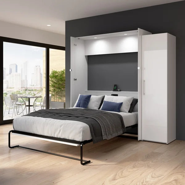 Bestar Avalon Queen Wall Bed with one storage closet, High Gloss White