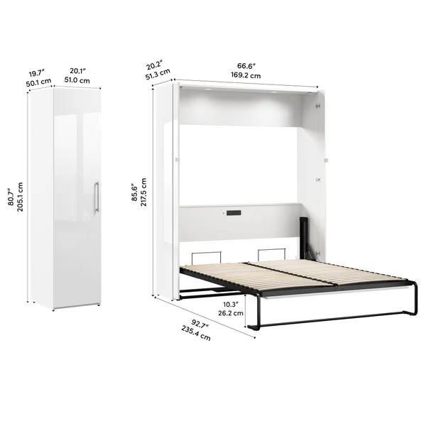 Bestar Avalon Queen Wall Bed with one storage closet, High Gloss White