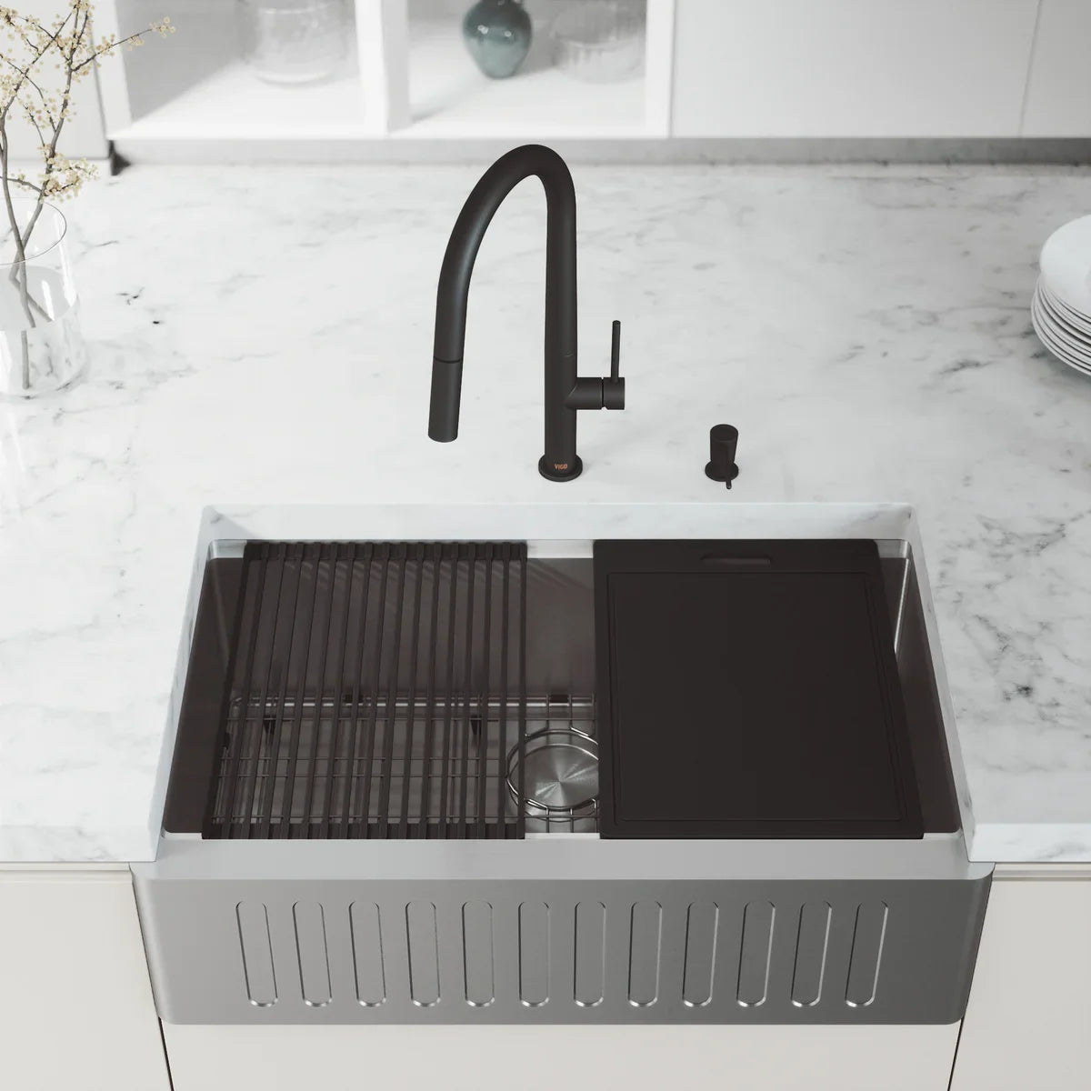 VIGO Oxford Stainless Steel Slotted Front Farmhouse Kitchen Sink Workstation