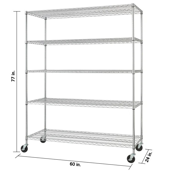 TRINITY 5-Tier Chrome Wire Shelving Rack With Wheels, 60" x 24" x 72"