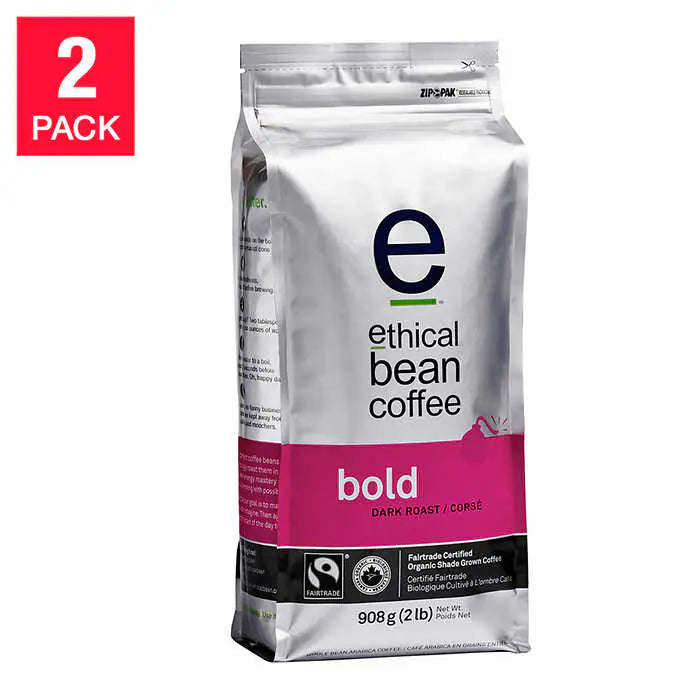 Ethical Bean Coffee Bold Dark Roast Whole Bean Coffee, 2 x 908 g