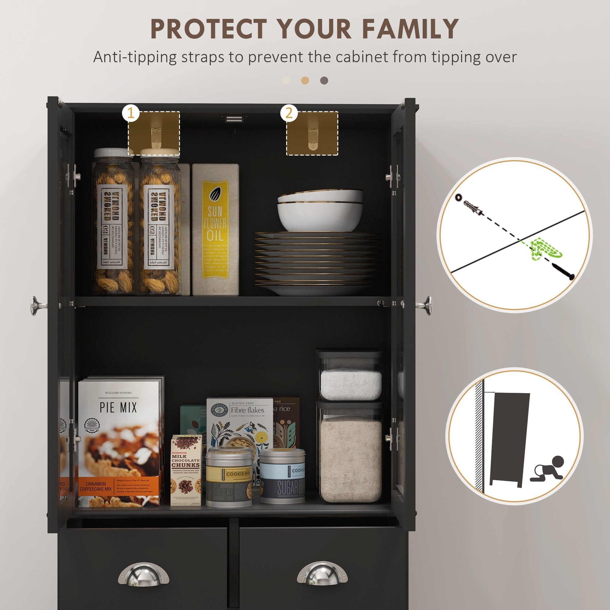 61-Inch Black Farmhouse Pantry with Glass Doors and Adjustable Shelves
