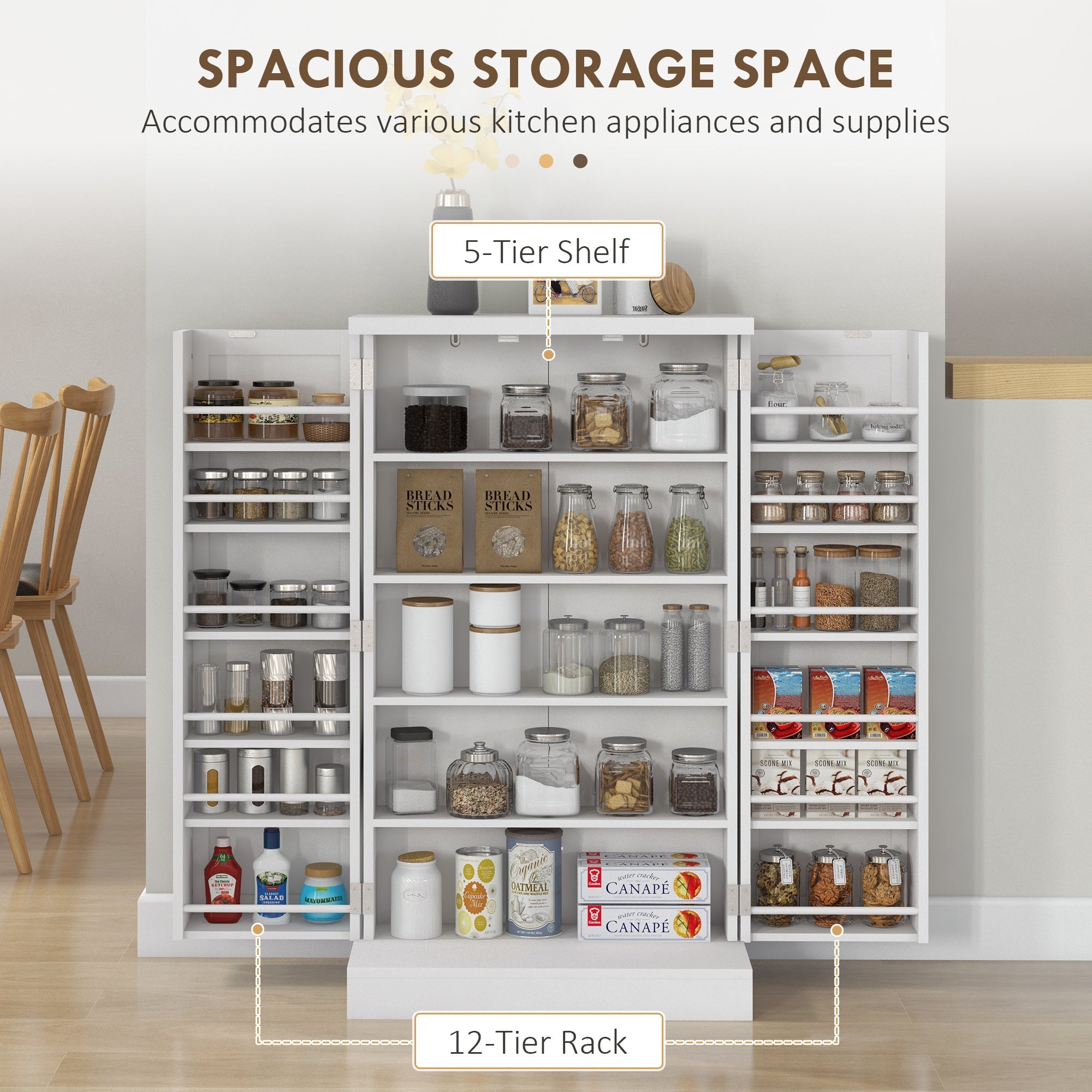 41-Inch White Freestanding Kitchen Pantry with Double Doors and 5-Tier Shelving