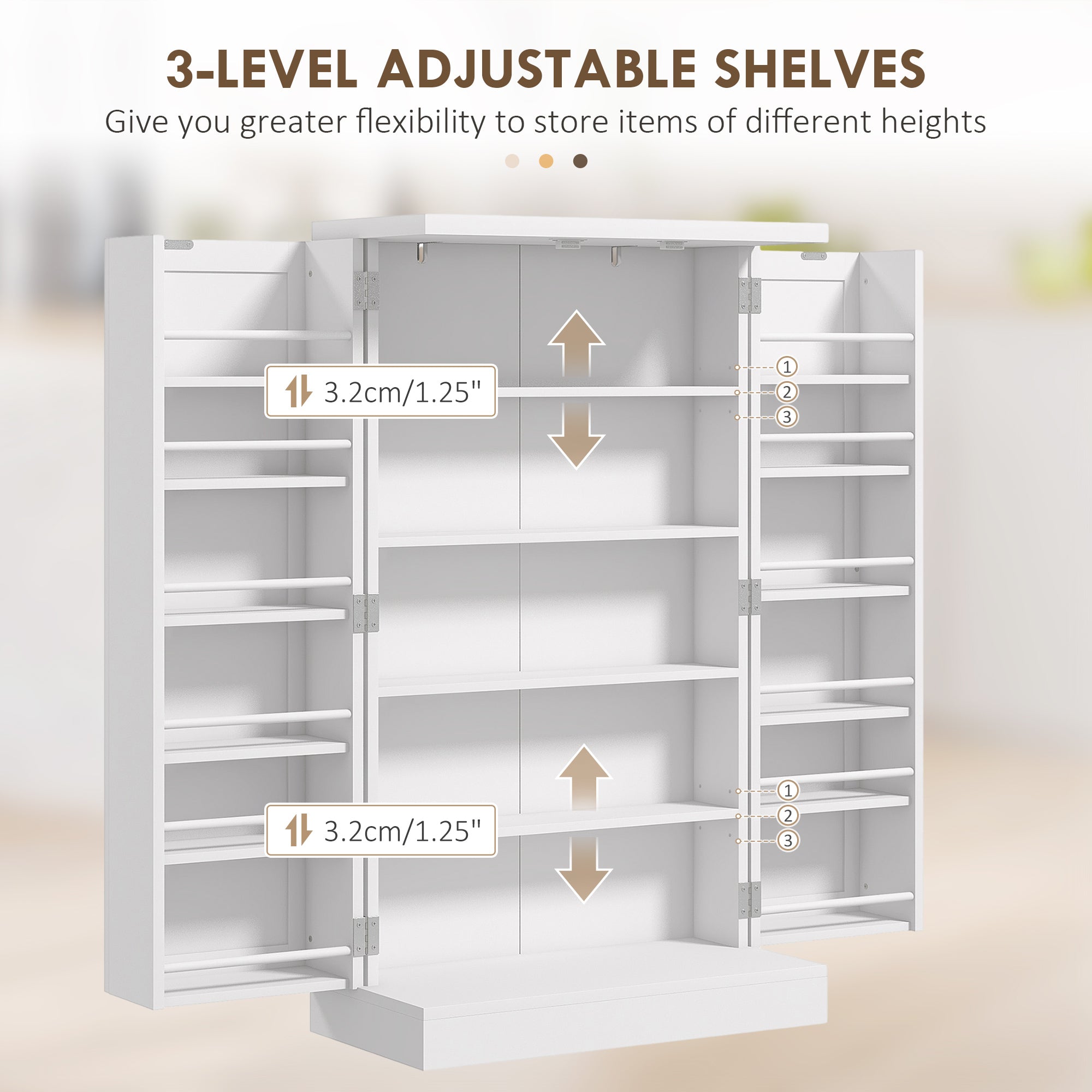 41-Inch White Freestanding Kitchen Pantry with Double Doors and 5-Tier Shelving