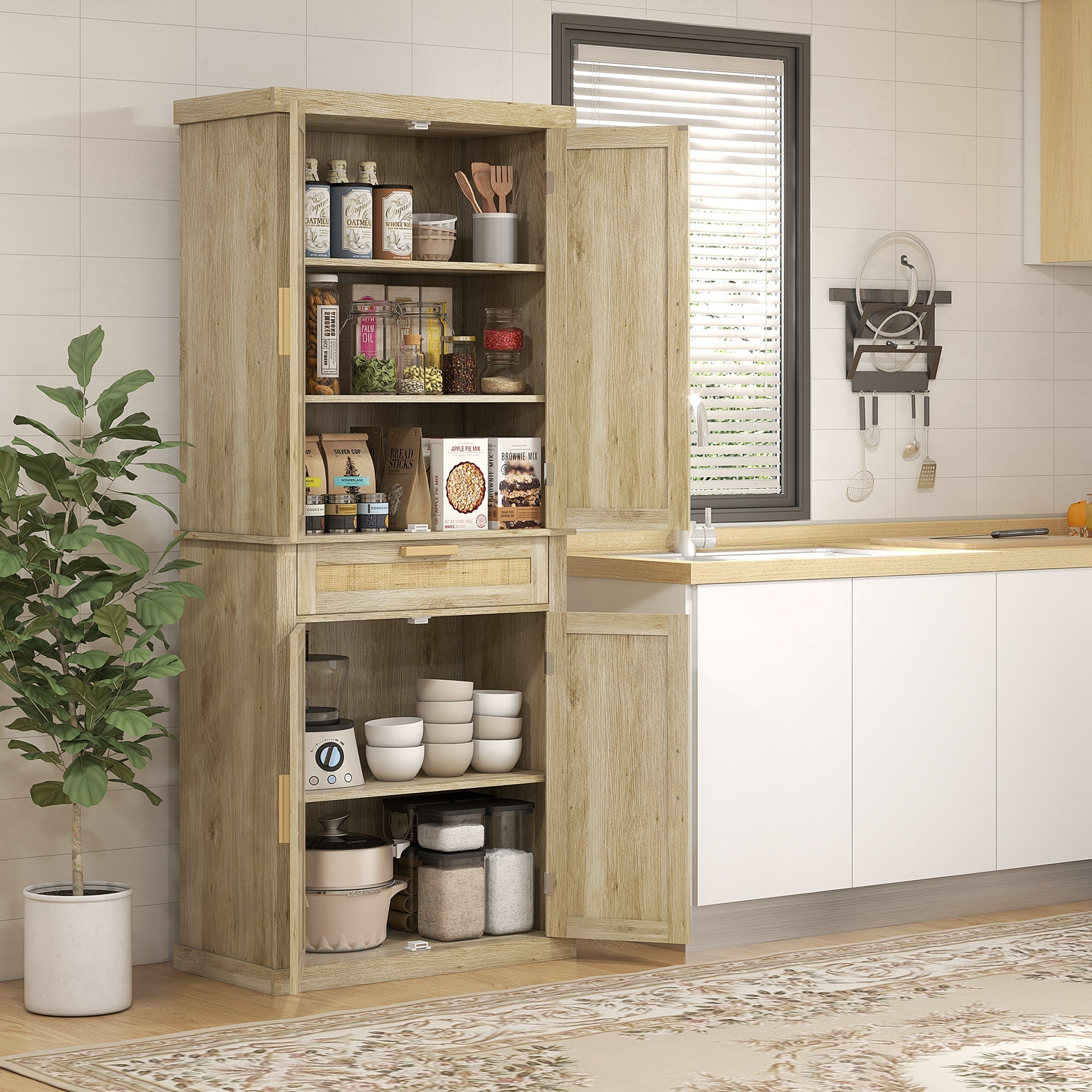 72-Inch Oak Rattan Pantry Cabinet with Doors, Drawer, and Adjustable Shelves