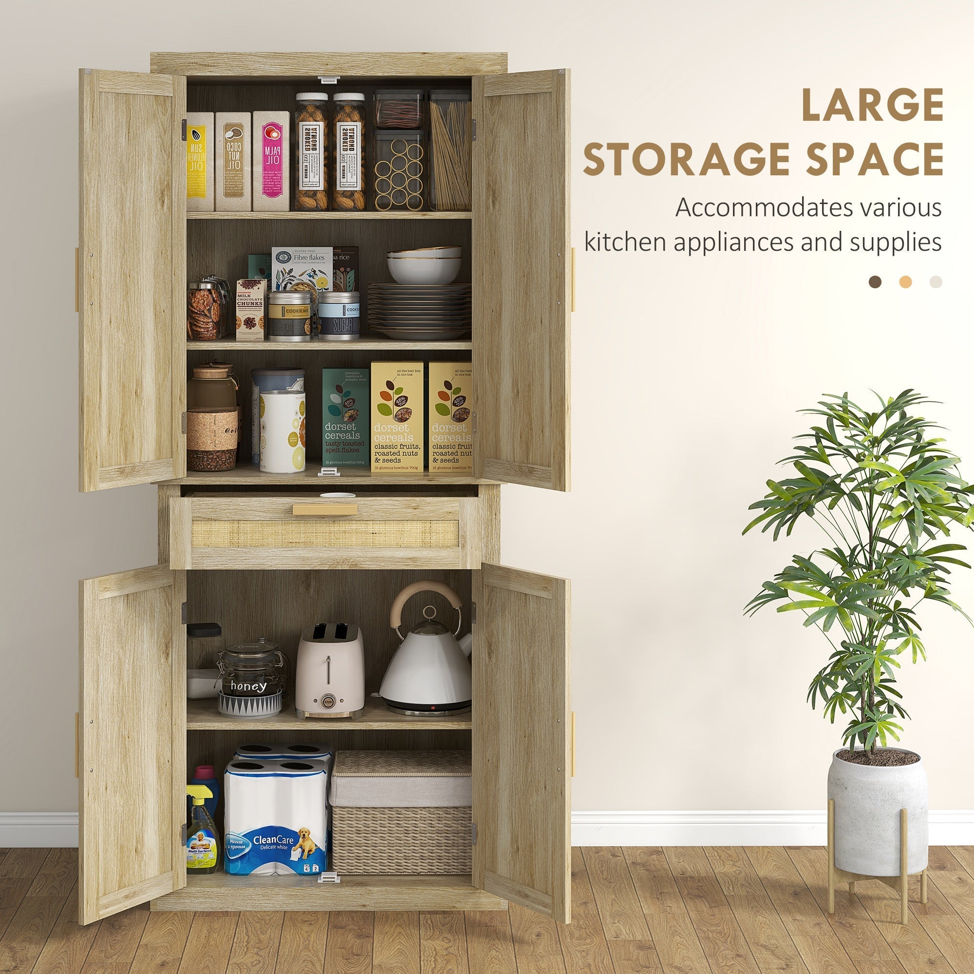 72-Inch Oak Rattan Pantry Cabinet with Doors, Drawer, and Adjustable Shelves