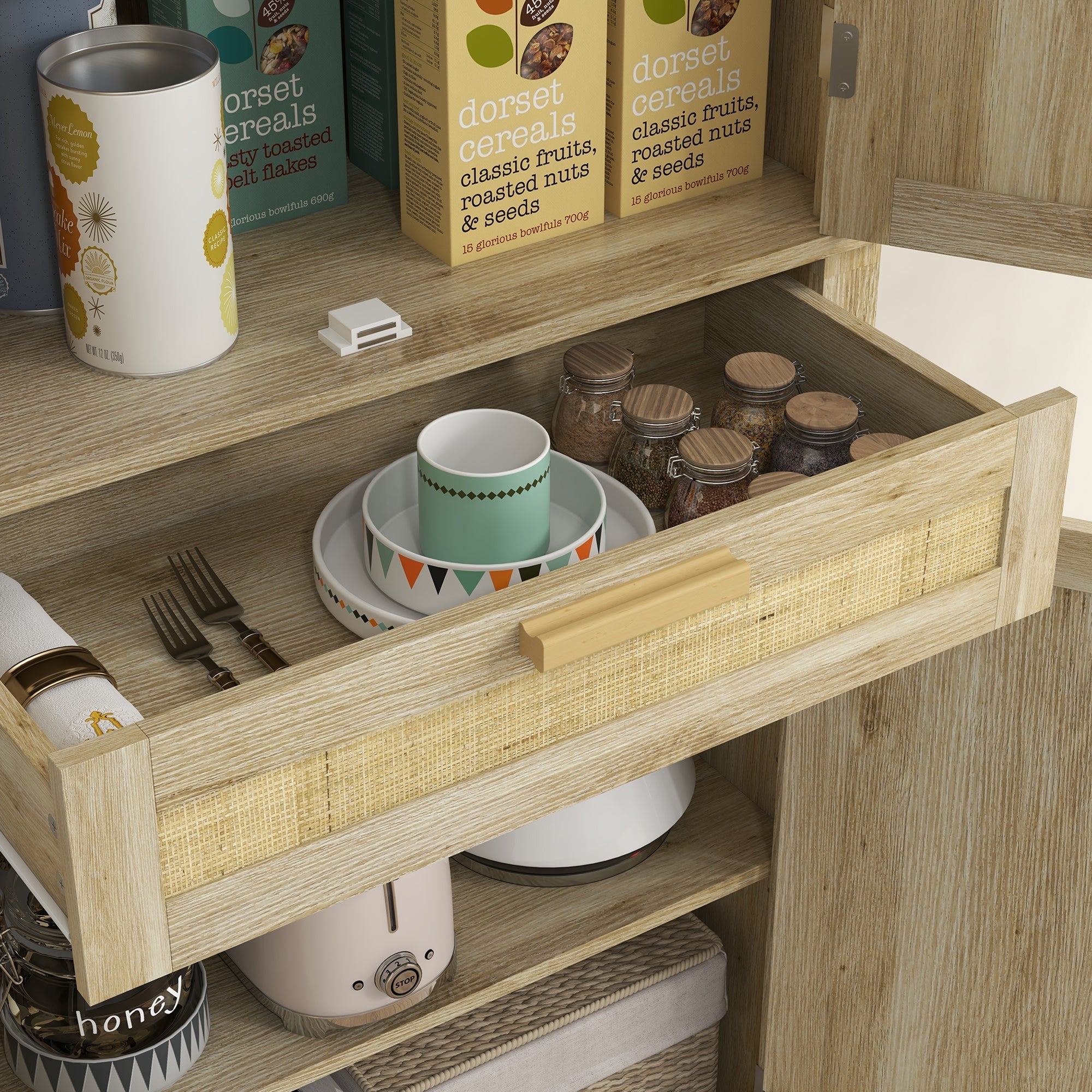 72-Inch Oak Rattan Pantry Cabinet with Doors, Drawer, and Adjustable Shelves