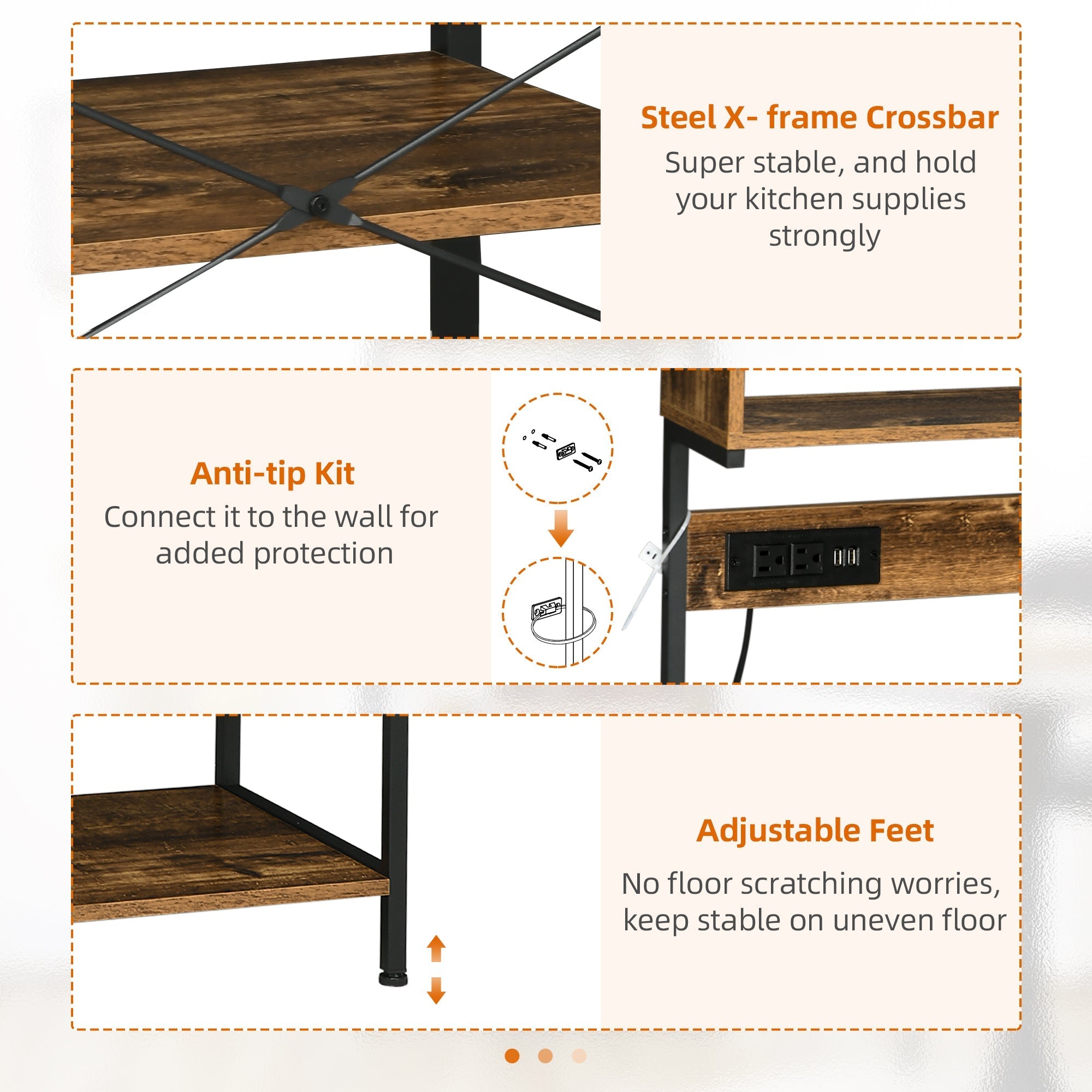 Rustic Brown Kitchen Bakers Rack with Built-In Power Outlet and USB Charger