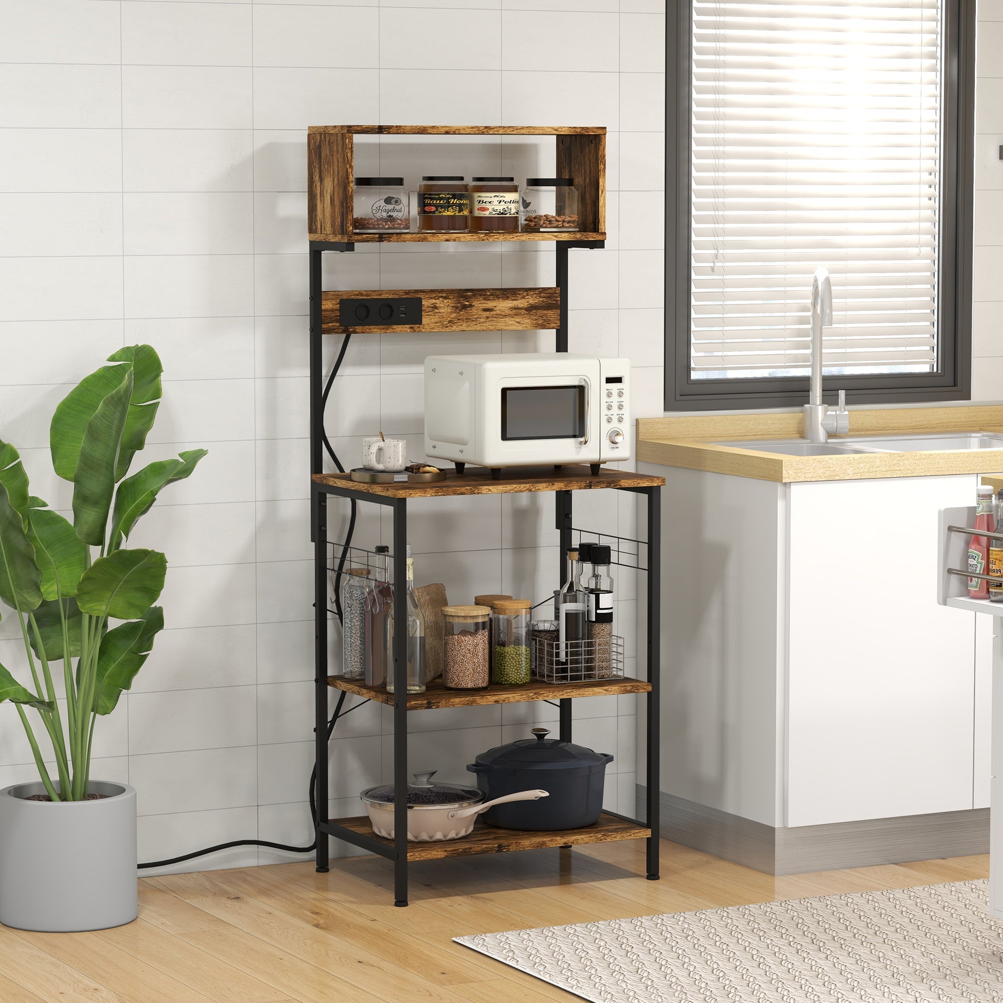 Rustic Brown Kitchen Bakers Rack with Built-In Power Outlet and USB Charger