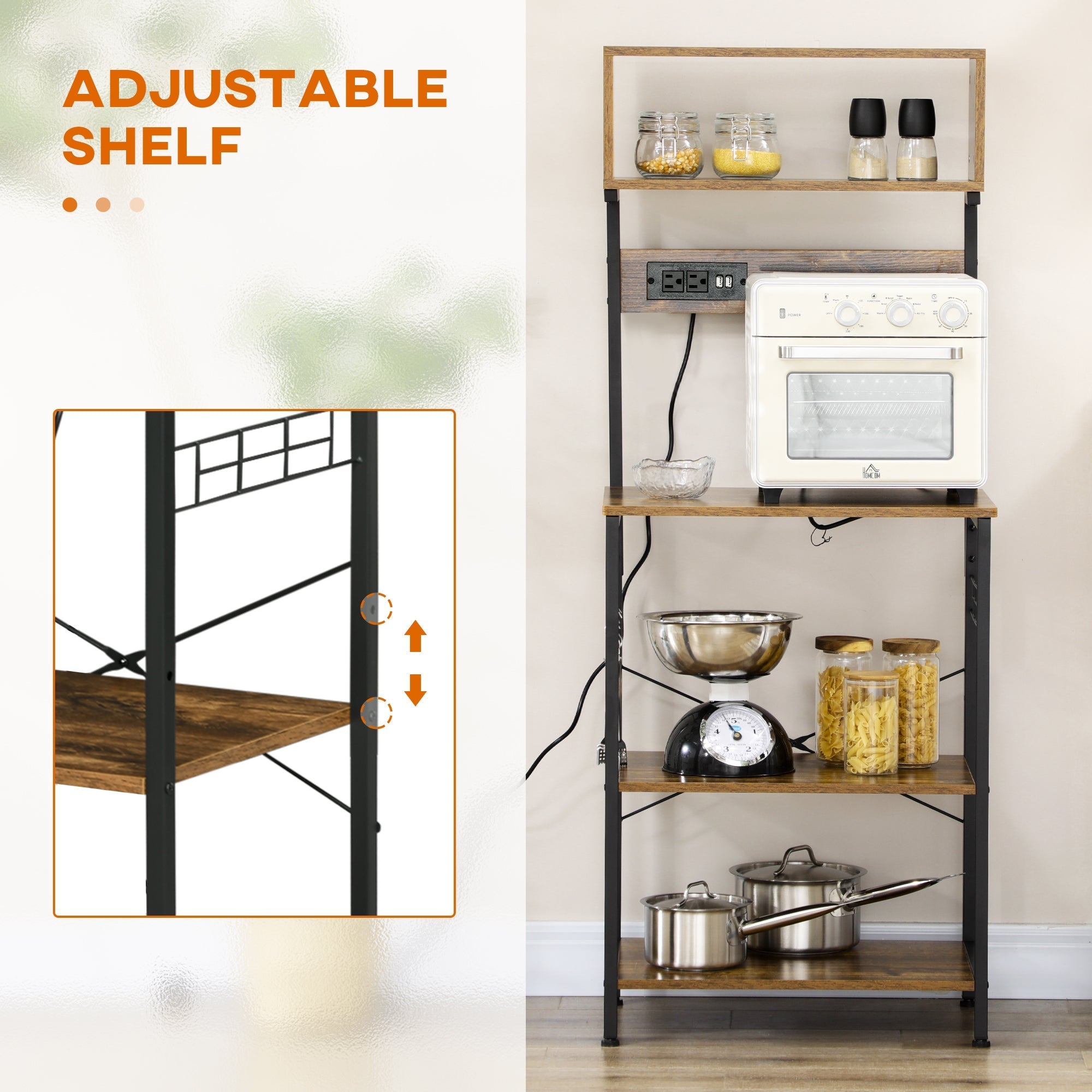 Rustic Brown Kitchen Bakers Rack with Built-In Power Outlet and USB Charger