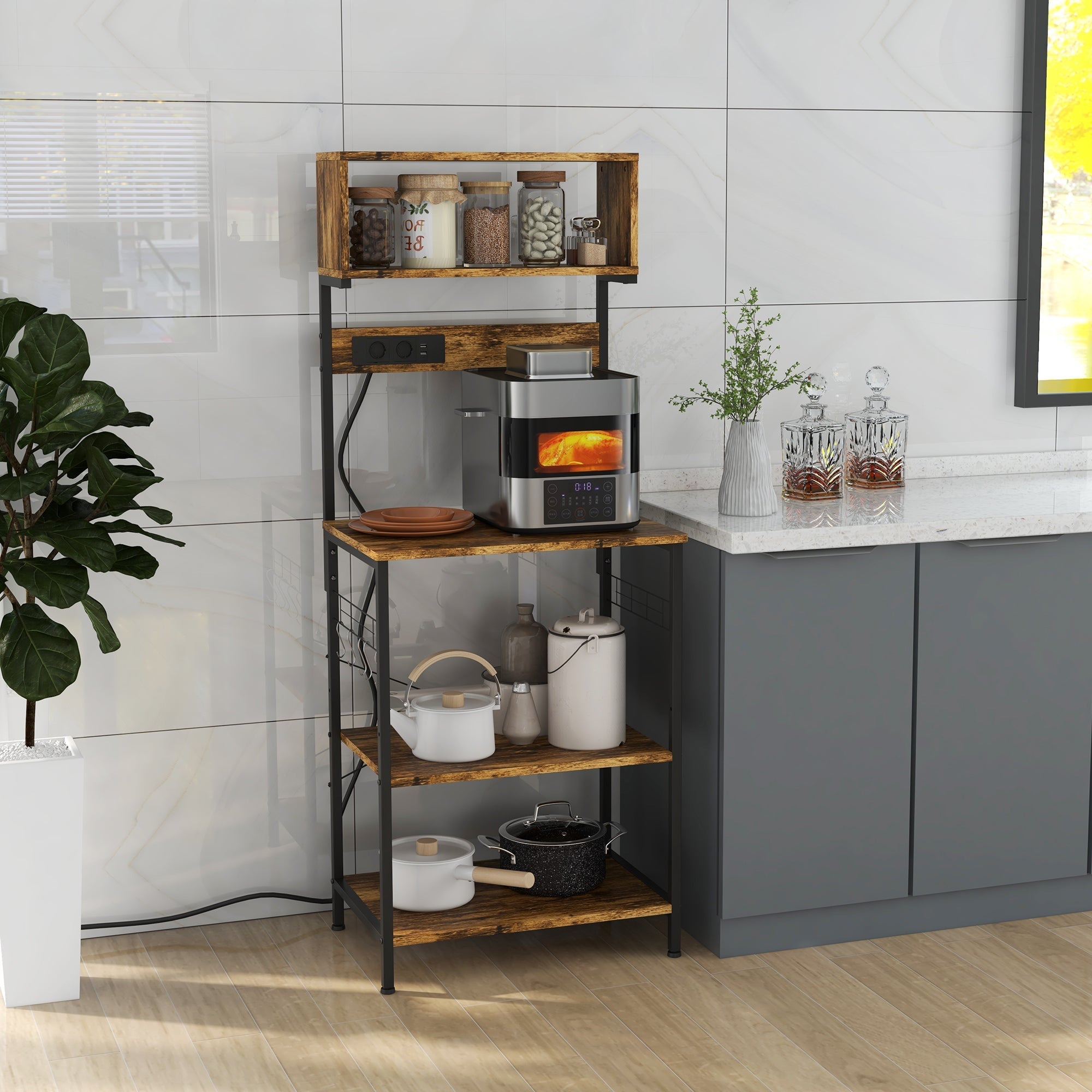 Rustic Brown Kitchen Bakers Rack with Built-In Power Outlet and USB Charger