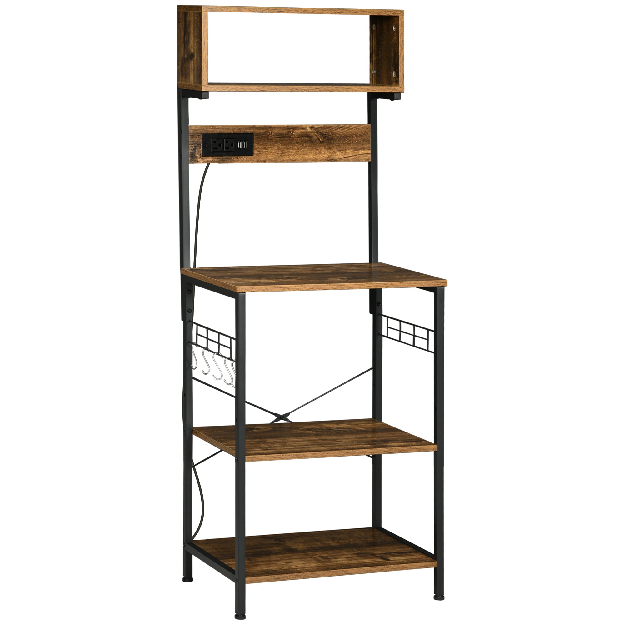 Rustic Brown Kitchen Bakers Rack with Built-In Power Outlet and USB Charger