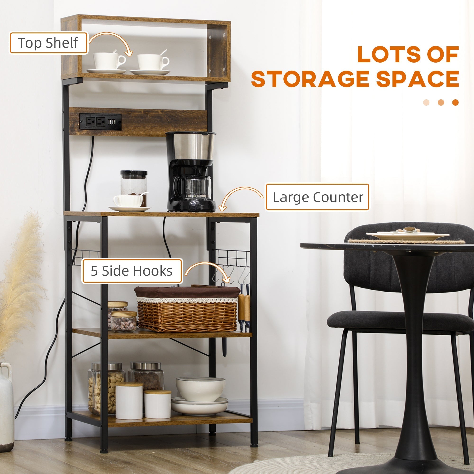 Rustic Brown Kitchen Bakers Rack with Built-In Power Outlet and USB Charger
