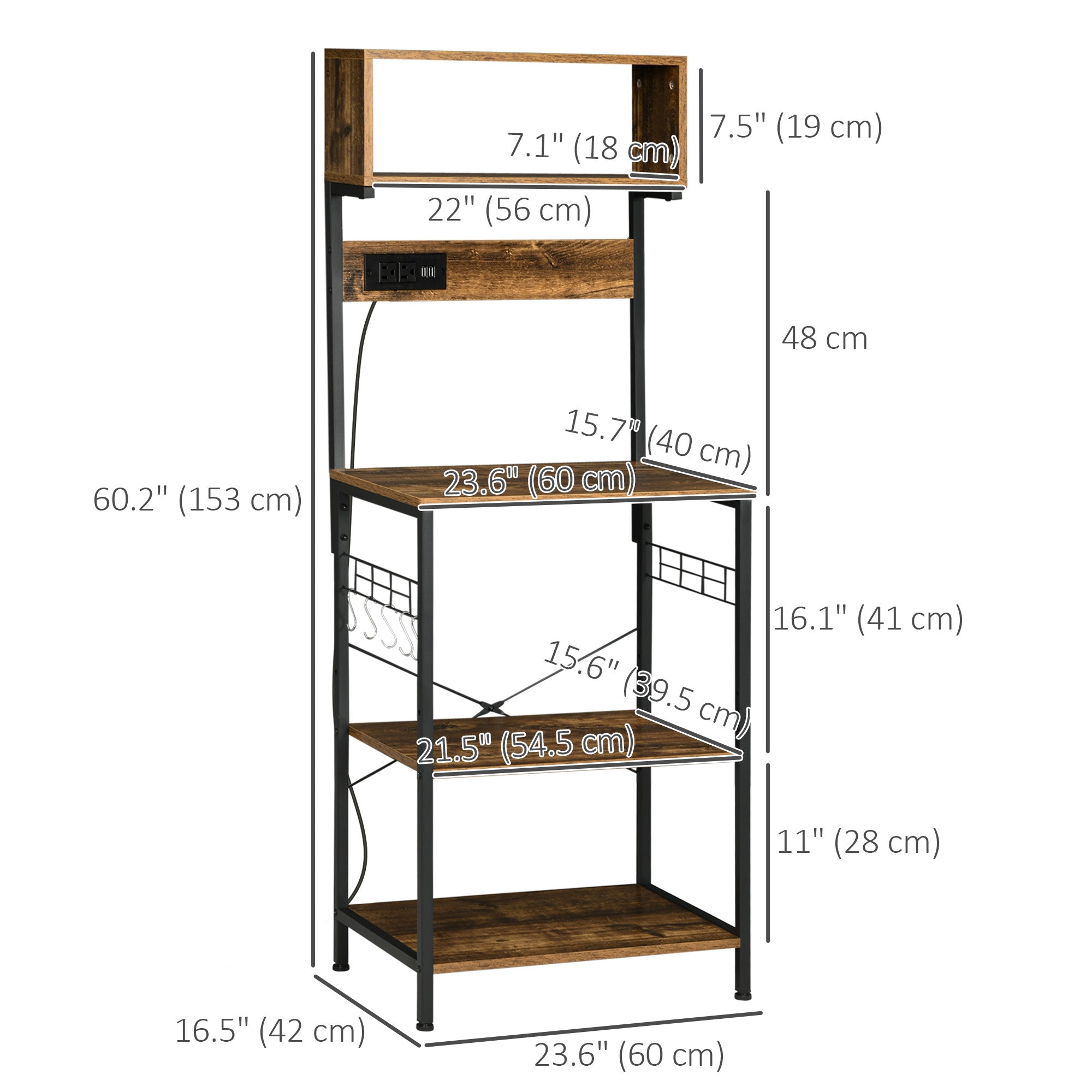Rustic Brown Kitchen Bakers Rack with Built-In Power Outlet and USB Charger