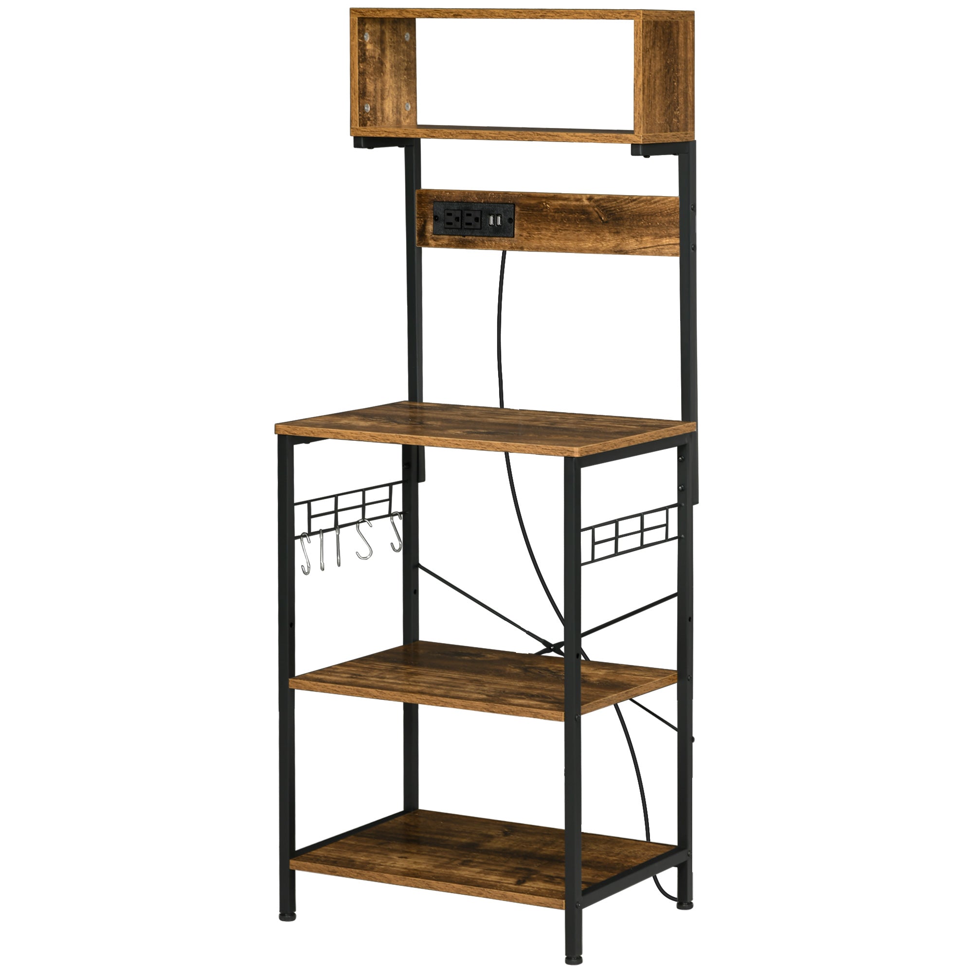Rustic Brown Kitchen Bakers Rack with Built-In Power Outlet and USB Charger