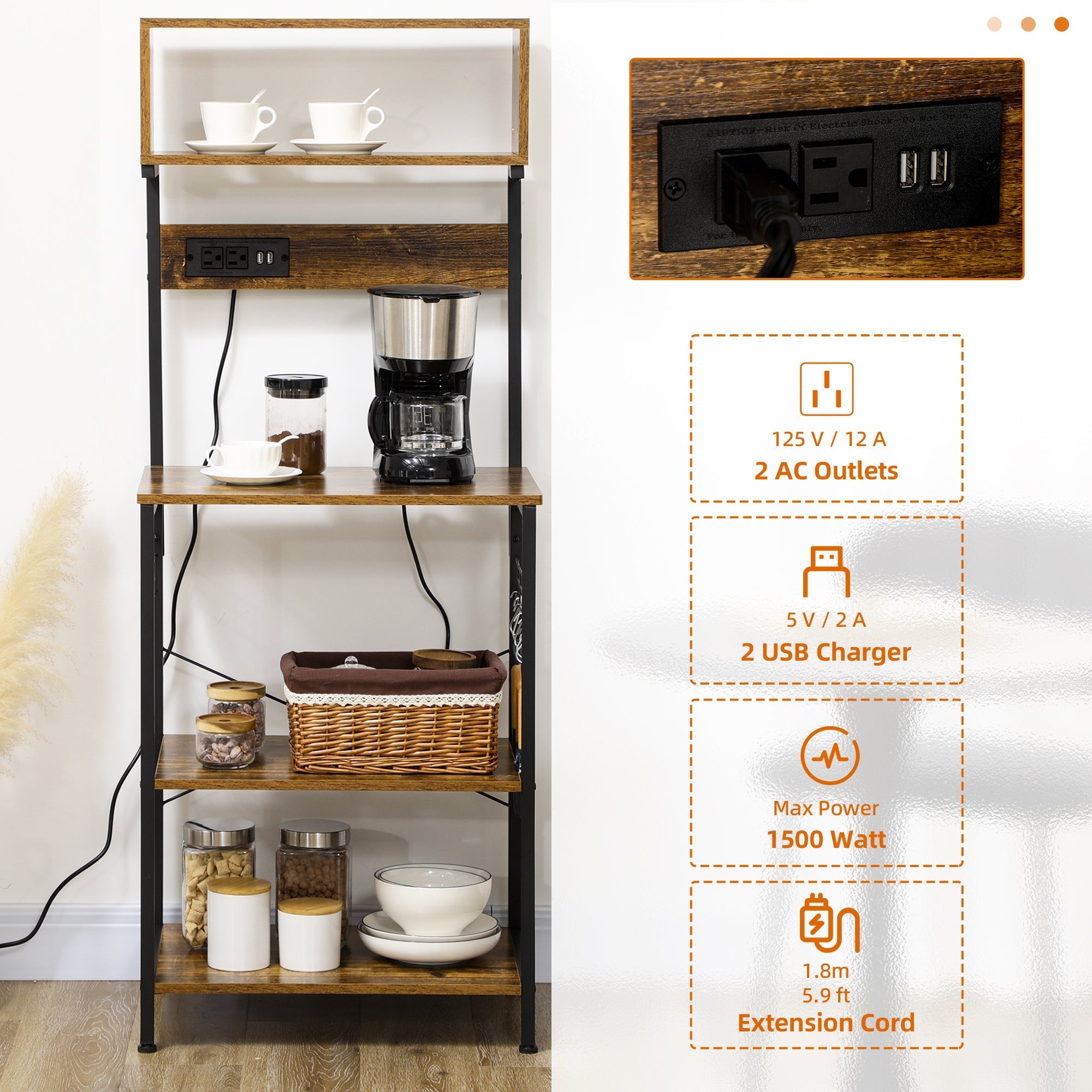 Rustic Brown Kitchen Bakers Rack with Built-In Power Outlet and USB Charger