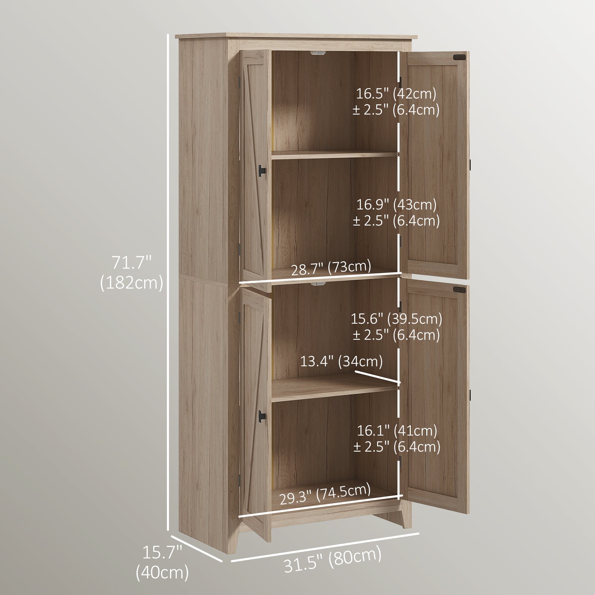 72-Inch Natural Farmhouse Pantry with 4 Barn Doors and Adjustable Shelves