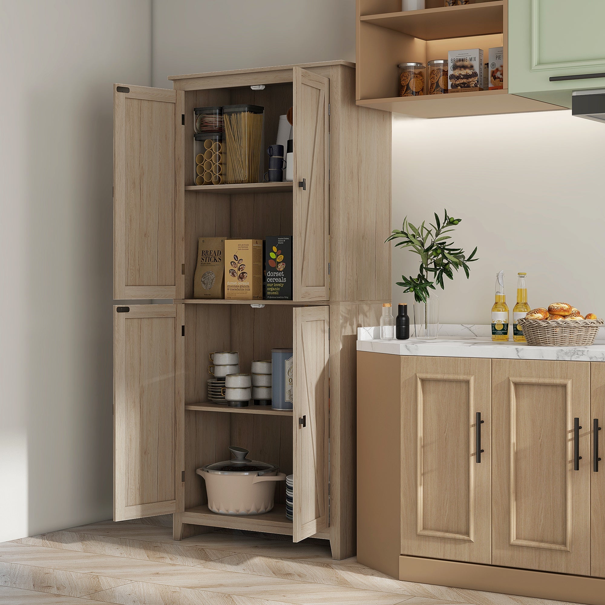 72-Inch Natural Farmhouse Pantry with 4 Barn Doors and Adjustable Shelves