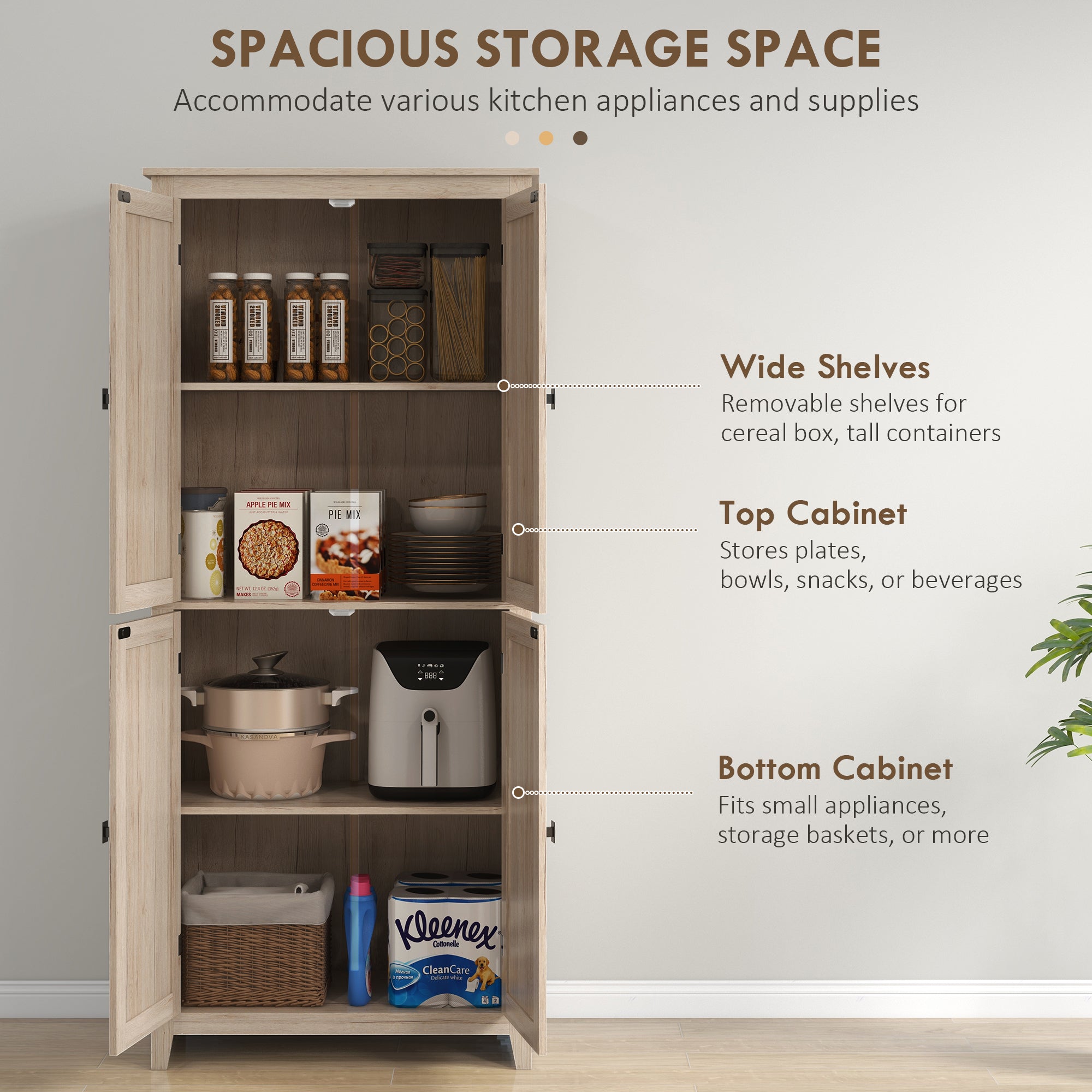 72-Inch Natural Farmhouse Pantry with 4 Barn Doors and Adjustable Shelves