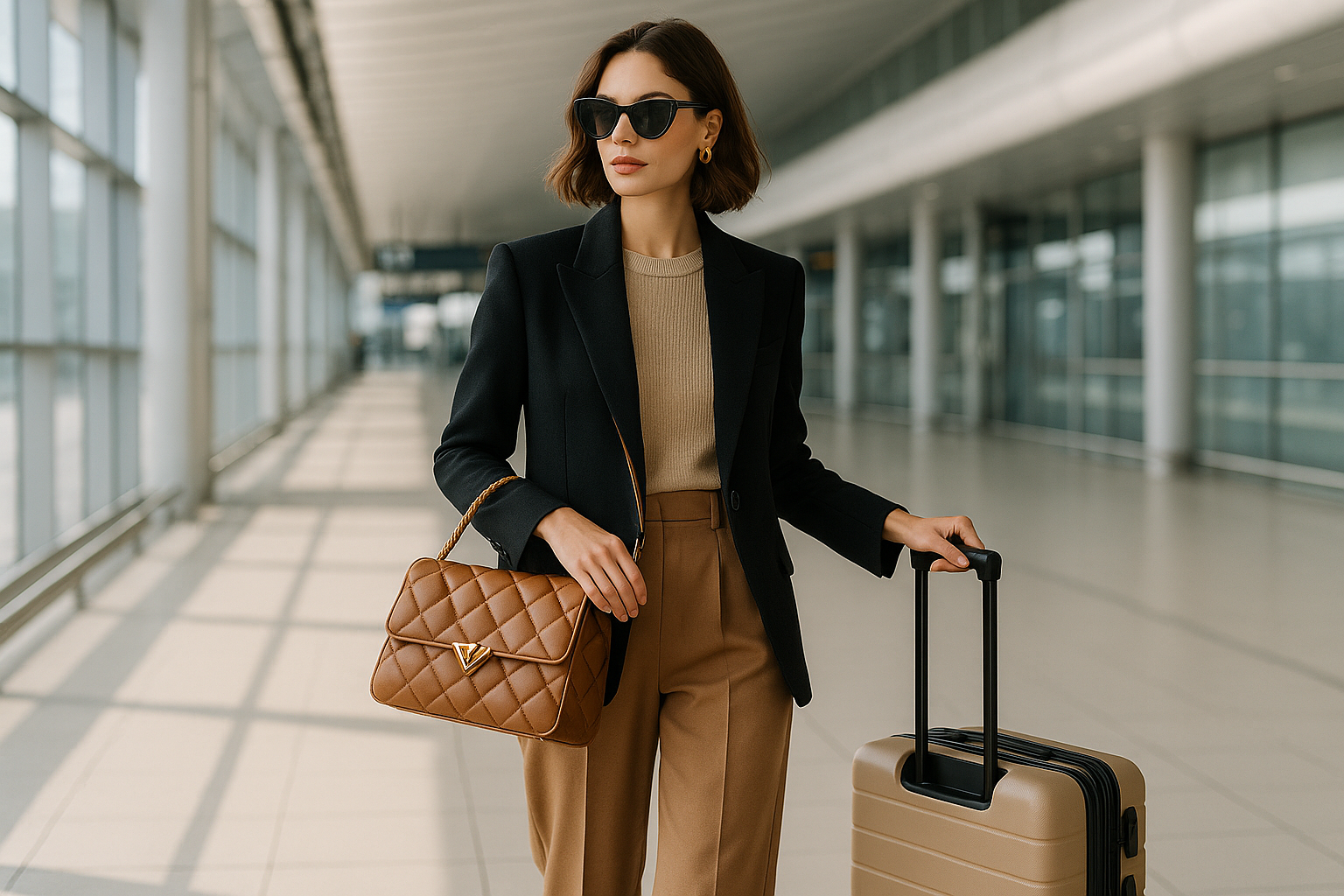 fashionable hand bag on a person wearing fashionable clothing pulliung a fashinal luggage at an air port