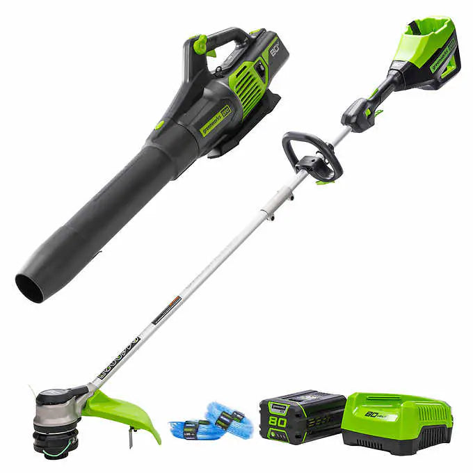 Greenworks 80V Combo Kit: 730 CFM - 170 MPH Brushless Blower + 16" String Trimmer+ Two Shoulder Straps, 2Ah Battery and Charger Included