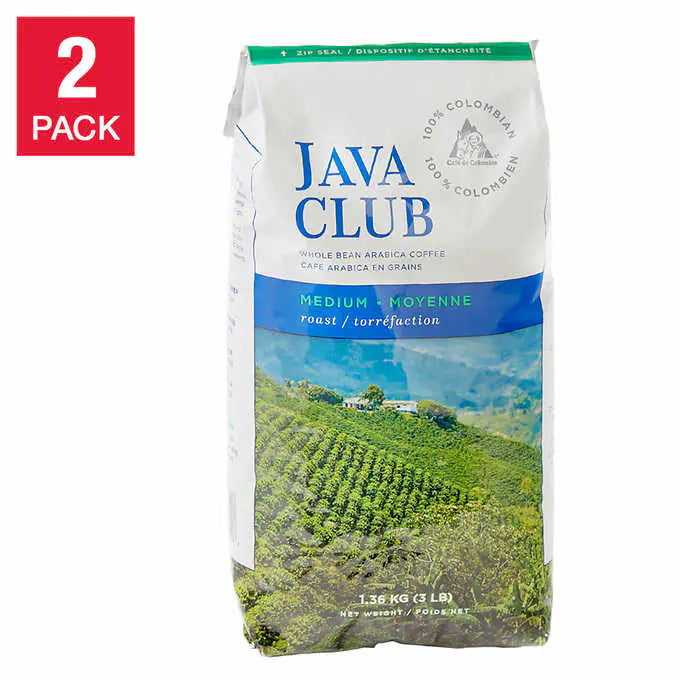 Java Club 100% Colombian Whole Bean Arabica Coffee, 2 x 1.36 kg
