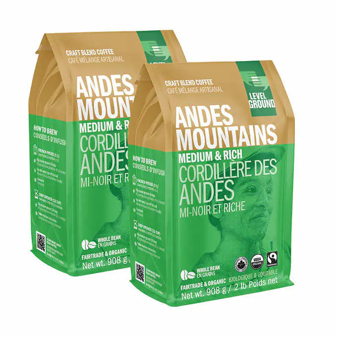 Level Ground Andes Mountains Medium Roast Organic Whole Bean Coffee, 2 × 908 g