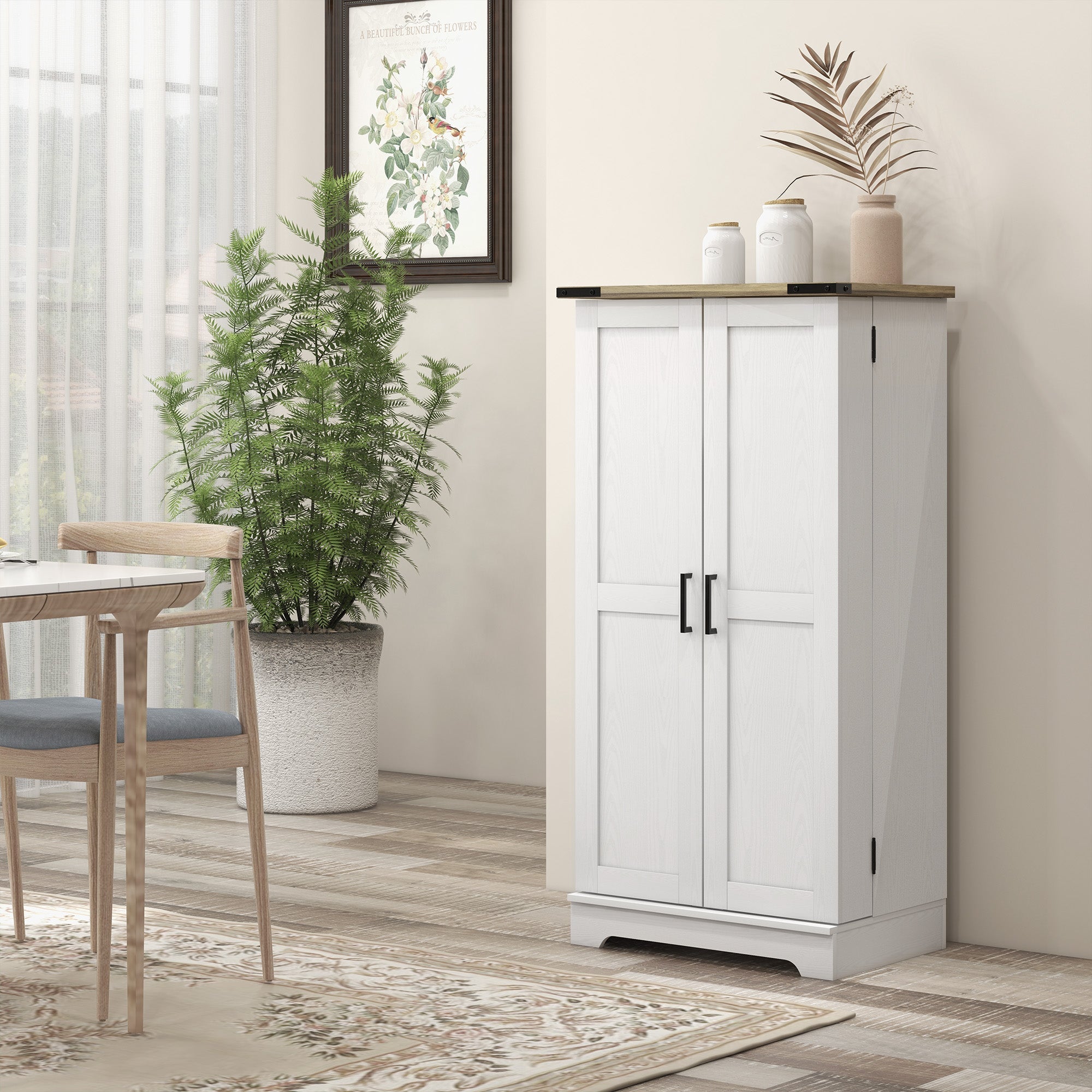 47-Inch Cream White Wood Grain Farmhouse Pantry Cabinet with Adjustable Shelves