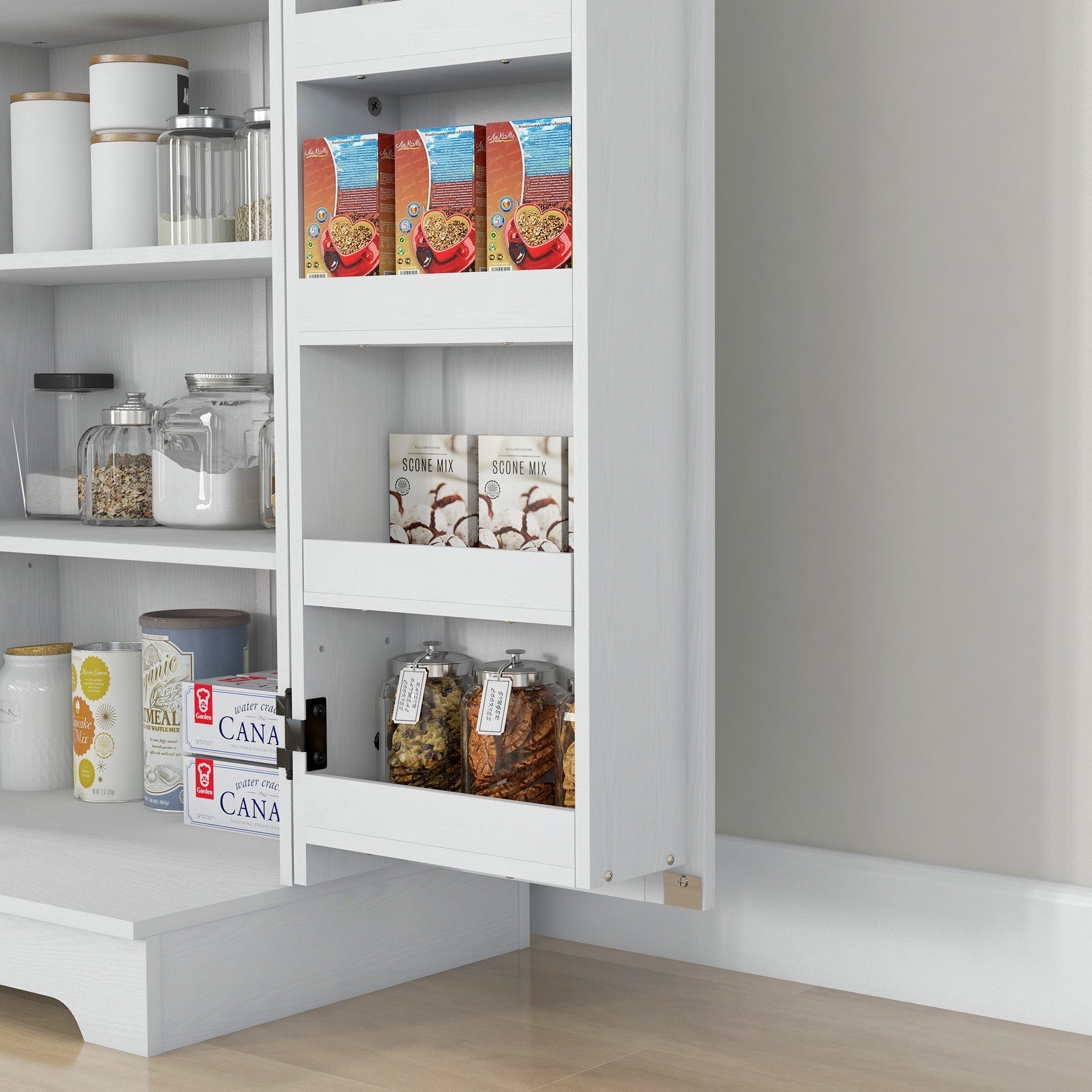 47-Inch Cream White Wood Grain Farmhouse Pantry Cabinet with Adjustable Shelves