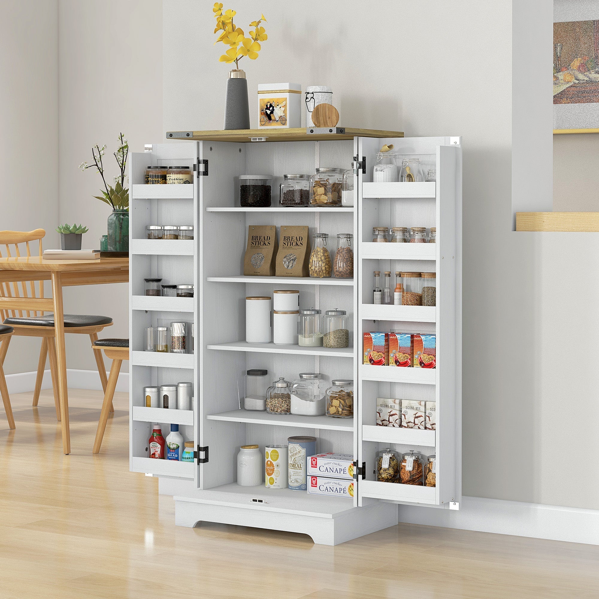 47-Inch Cream White Wood Grain Farmhouse Pantry Cabinet with Adjustable Shelves