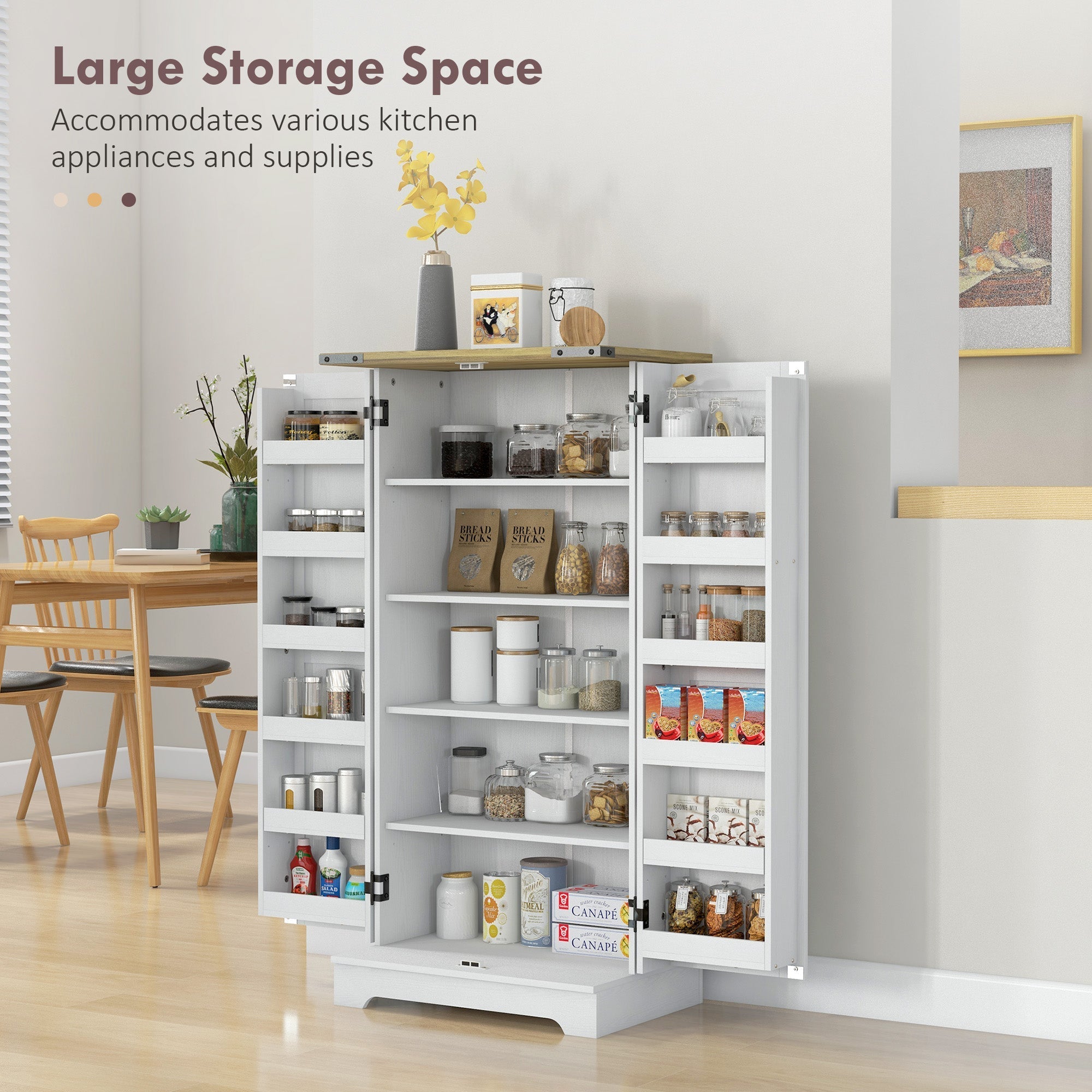 47-Inch Cream White Wood Grain Farmhouse Pantry Cabinet with Adjustable Shelves
