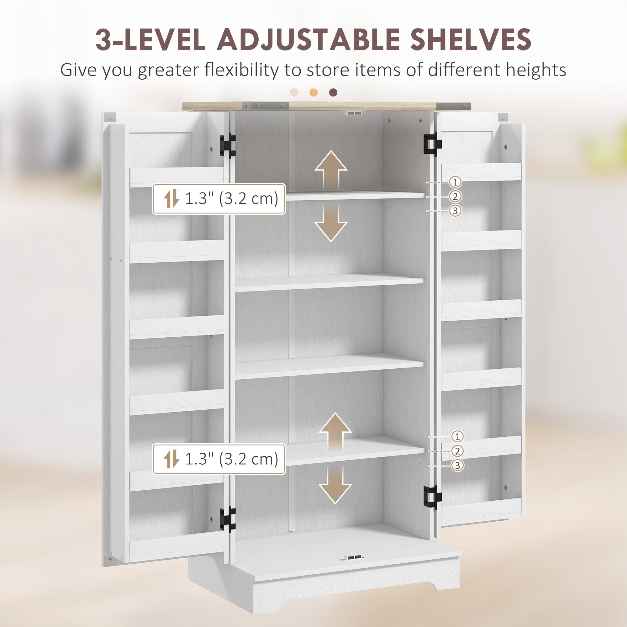 47-Inch Cream White Wood Grain Farmhouse Pantry Cabinet with Adjustable Shelves