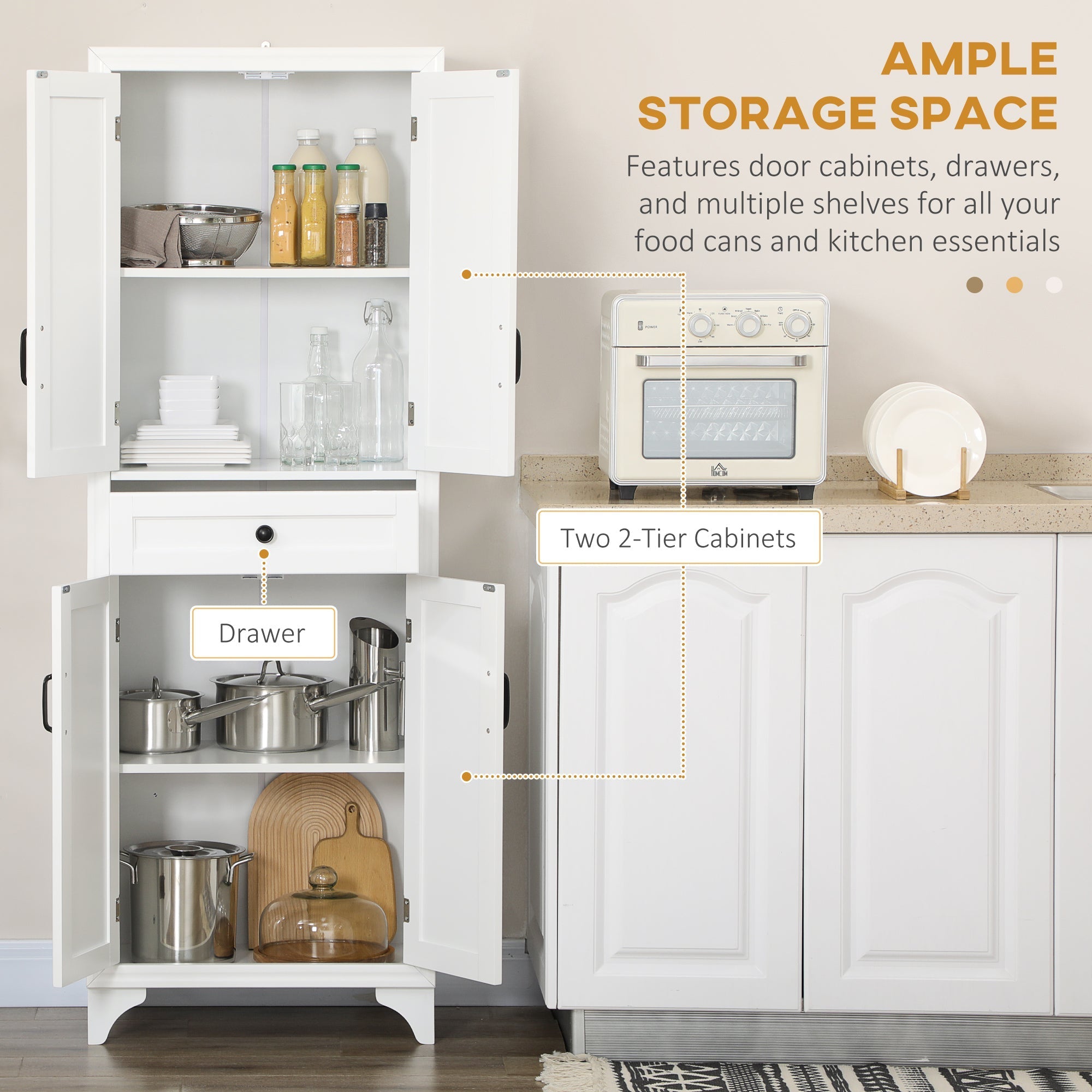 67-Inch White Pantry Cabinet with Shaker Doors and Adjustable Shelves