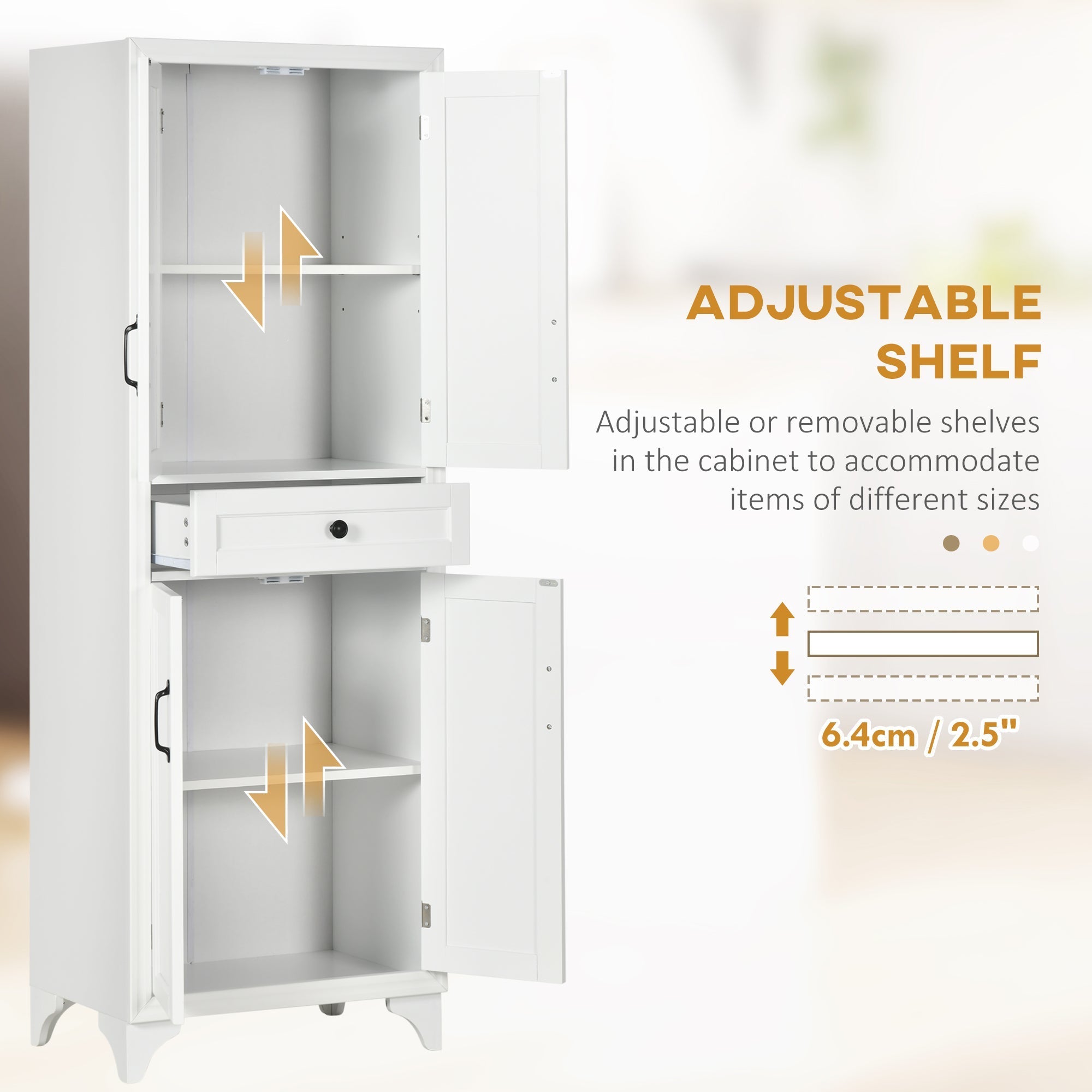 67-Inch White Pantry Cabinet with Shaker Doors and Adjustable Shelves